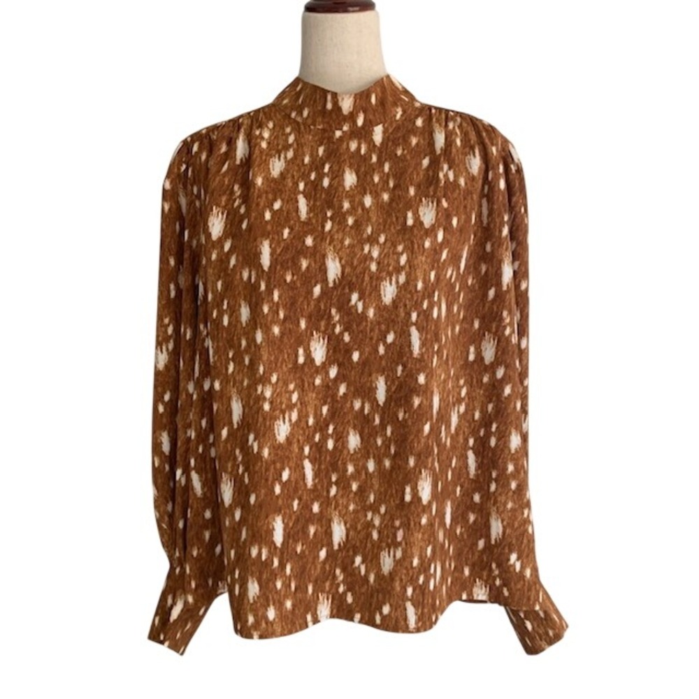 Express Brown Abstract Animal Print Blouse XL Mock Neck Modern Chic Career Top